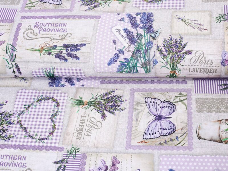 Teflon fabric lavender with butterfly width 160 cm by Stofex.