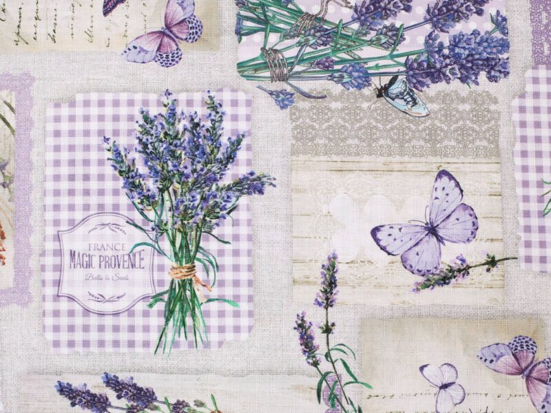 Teflon fabric lavender with butterfly width 160 cm by Stofex.