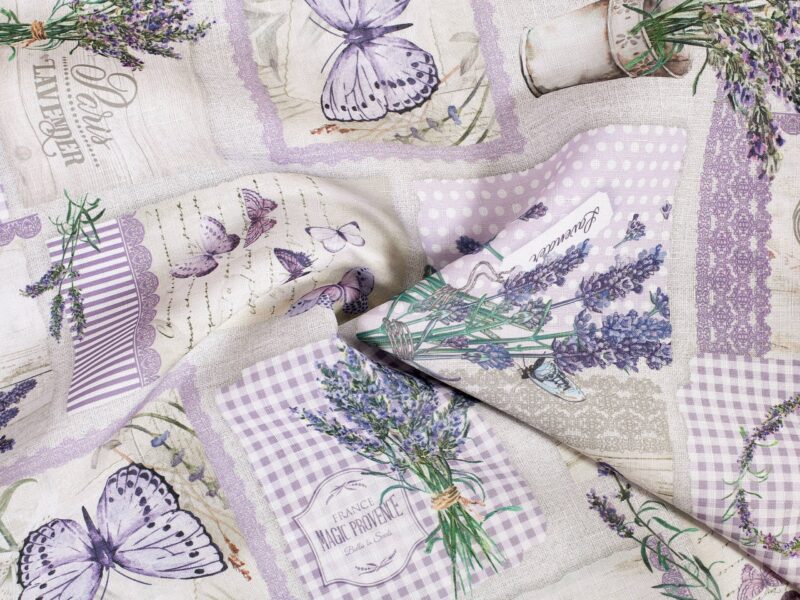 Teflon fabric lavender with butterfly width 160 cm by Stofex.