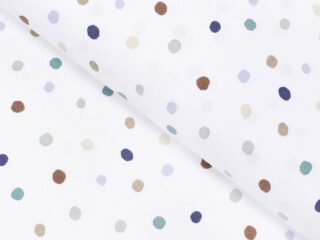 Cotton fabric petrol and coloured polka dots on white by Stofex.