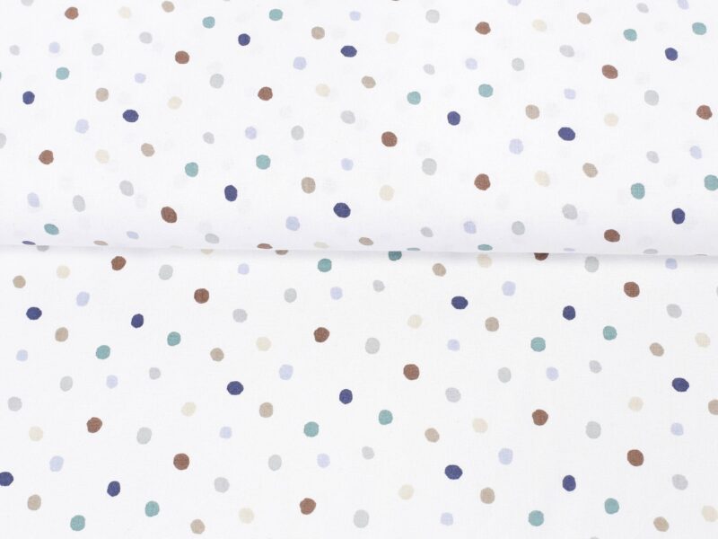 Cotton fabric petrol and coloured polka dots on white by Stofex.