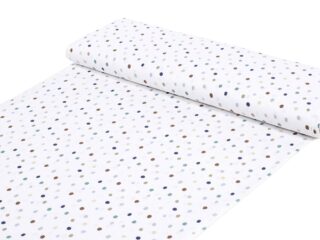 Cotton fabric petrol and coloured polka dots on white by Stofex.