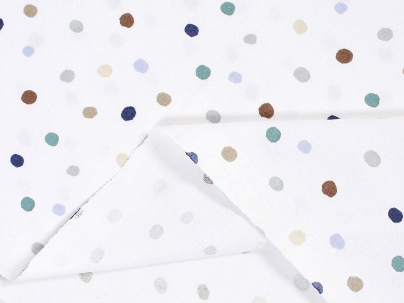 Cotton fabric petrol and coloured polka dots on white by Stofex.