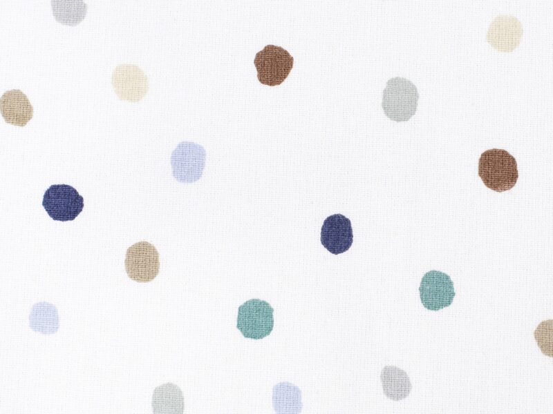 Cotton fabric petrol and coloured polka dots on white by Stofex.