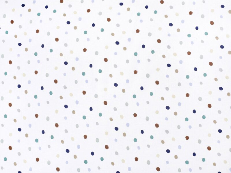 Cotton fabric petrol and coloured polka dots on white by Stofex.