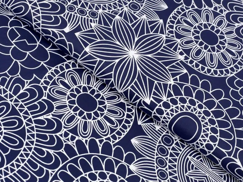 Cotton fabric white mandalas on dark blue by Stofex.