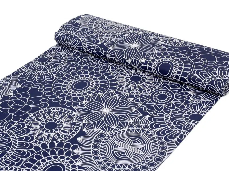 Cotton fabric white mandalas on dark blue by Stofex.