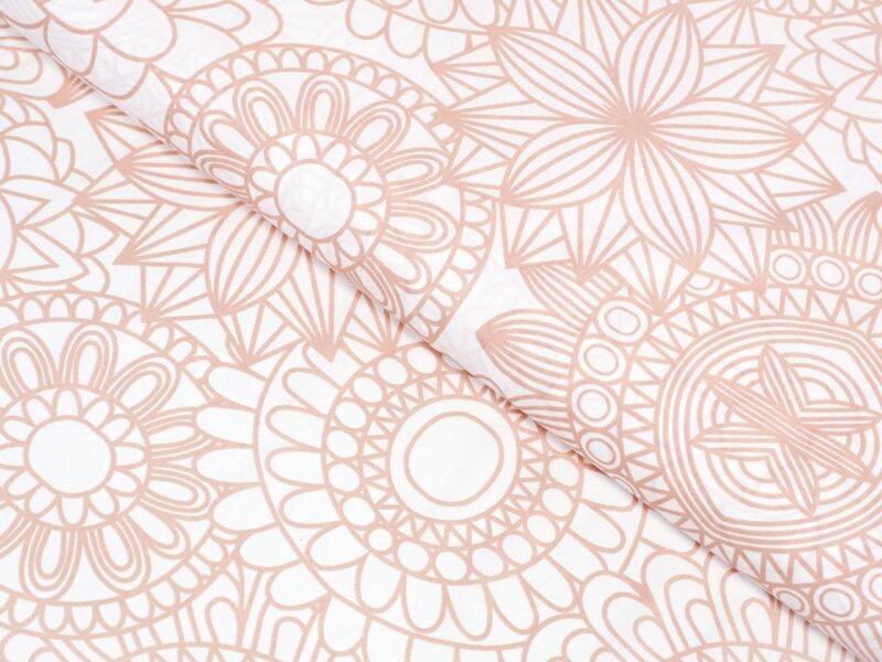 Cotton fabric salmon mandalas on white by Stofex.