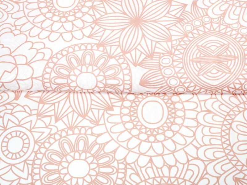 Cotton fabric salmon mandalas on white by Stofex.