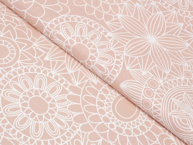 Cotton fabric white mandalas on salmon by Stofex.