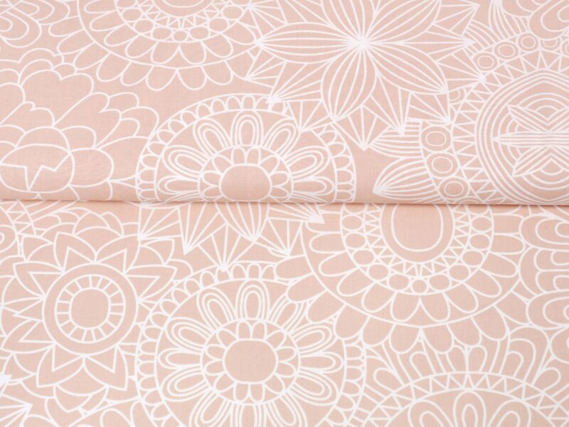 Cotton fabric white mandalas on salmon by Stofex.