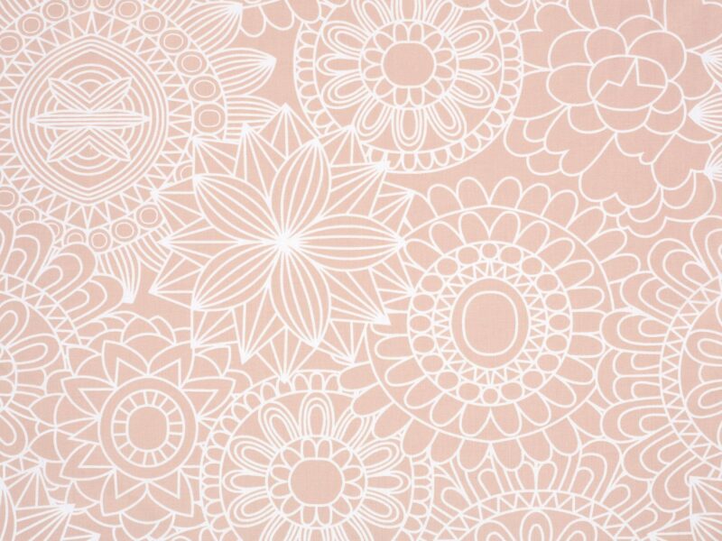 Cotton fabric white mandalas on salmon by Stofex.