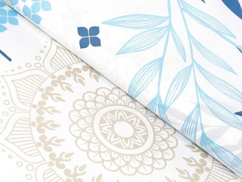 100% Cotton fabric blue leaves with mandala by Stofex.