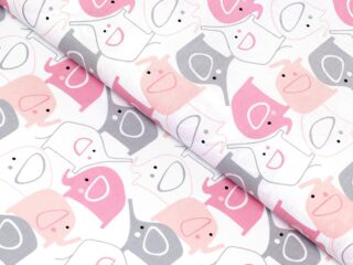 Cotton fabric pink and grey elephants by Stofex.