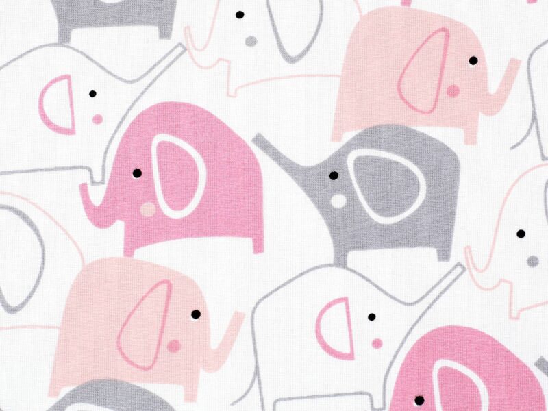 Cotton fabric pink and grey elephants by Stofex.