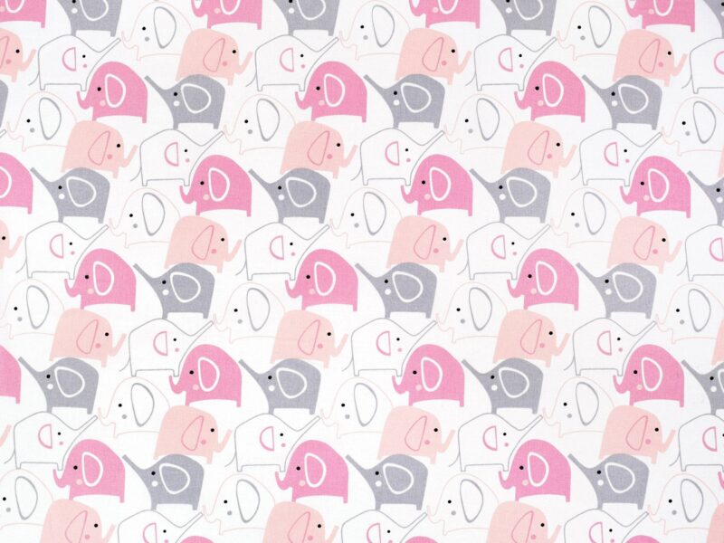 Cotton fabric pink and grey elephants by Stofex.