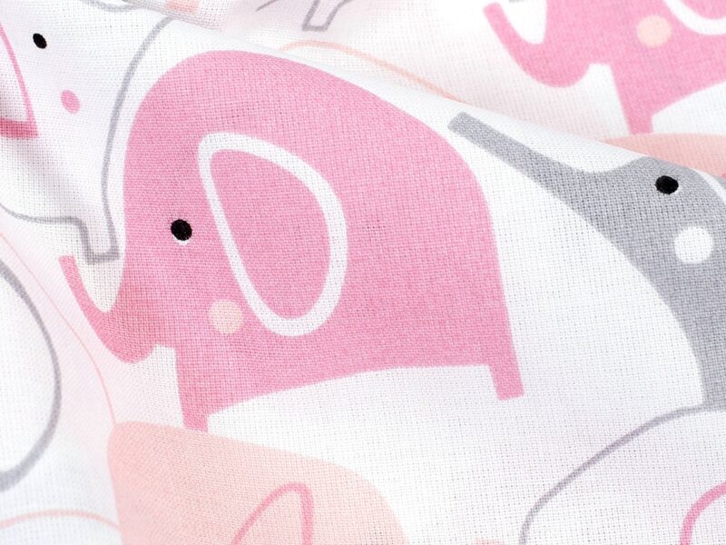 Cotton fabric pink and grey elephants by Stofex.