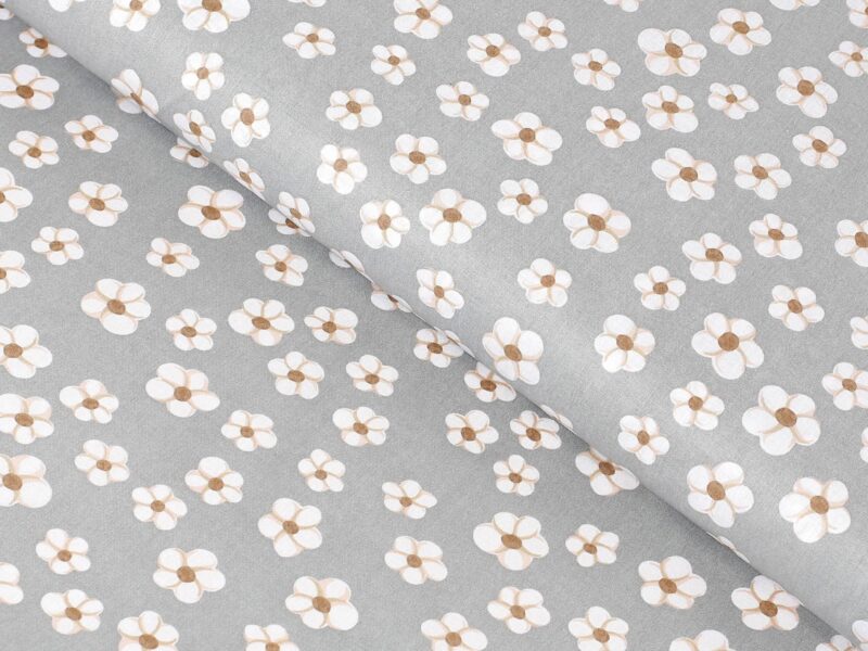 100% Cotton fabric white flowers on grey by Stofex.