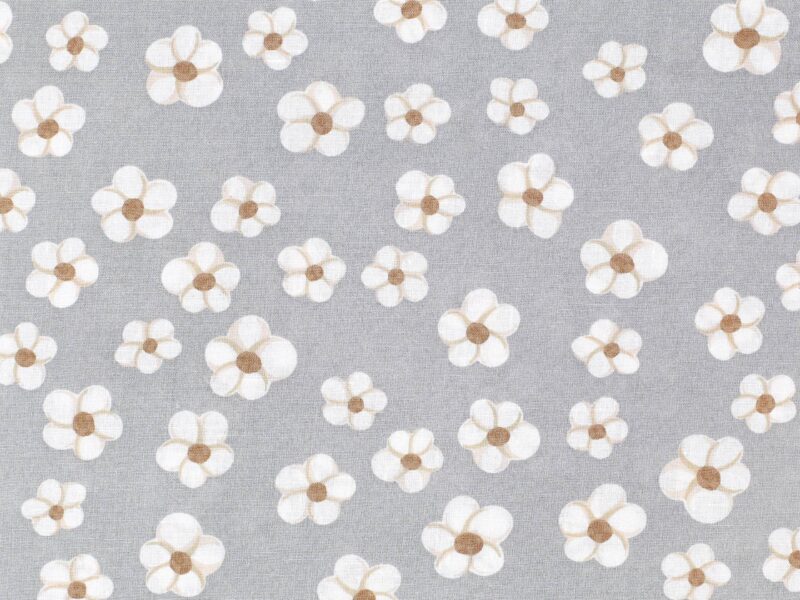 100% Cotton fabric white flowers on grey by Stofex.