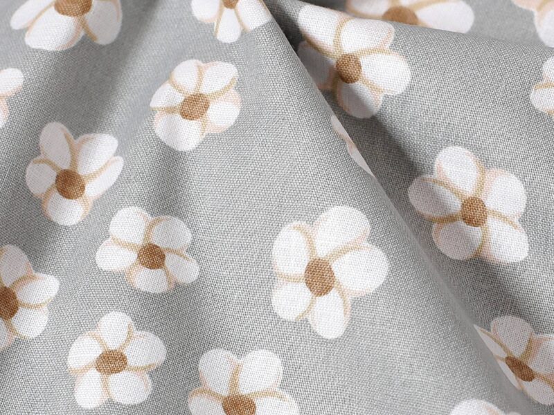 100% Cotton fabric white flowers on grey by Stofex.