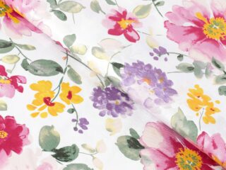 100% Cotton fabric violet blossoms on white by Stofex.