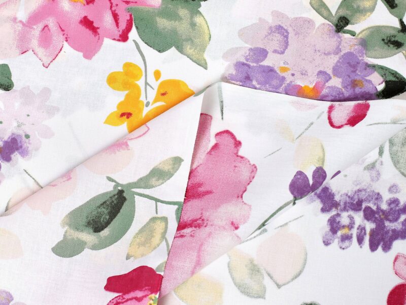 100% Cotton fabric violet blossoms on white by Stofex.