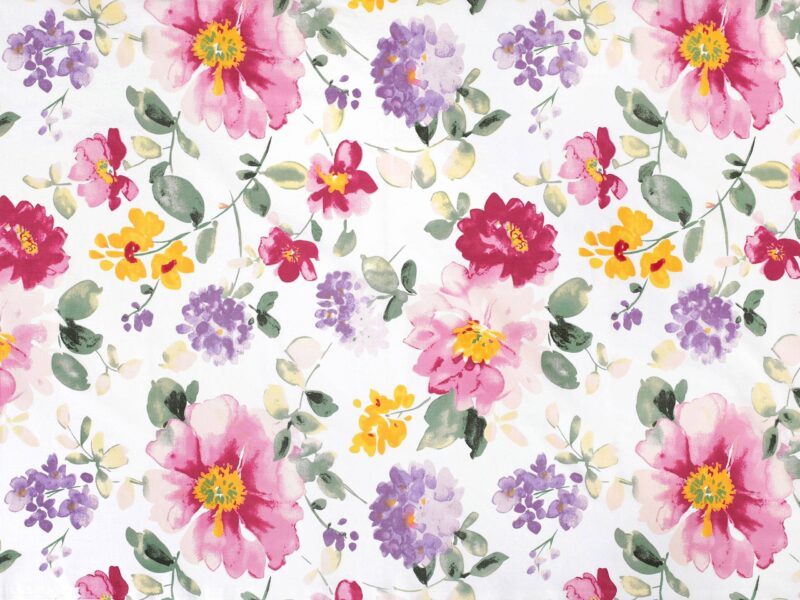 100% Cotton fabric violet blossoms on white by Stofex.