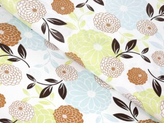 100% Cotton fabric green and brown flowers on white by Stofex.