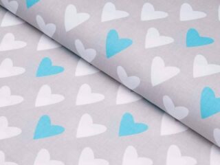 Cotton fabric blue hearts on grey by Stofex.