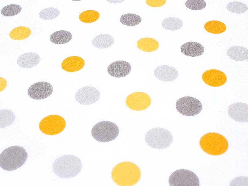 Cotton fabric yellow and grey polka dots on white by Stofex.