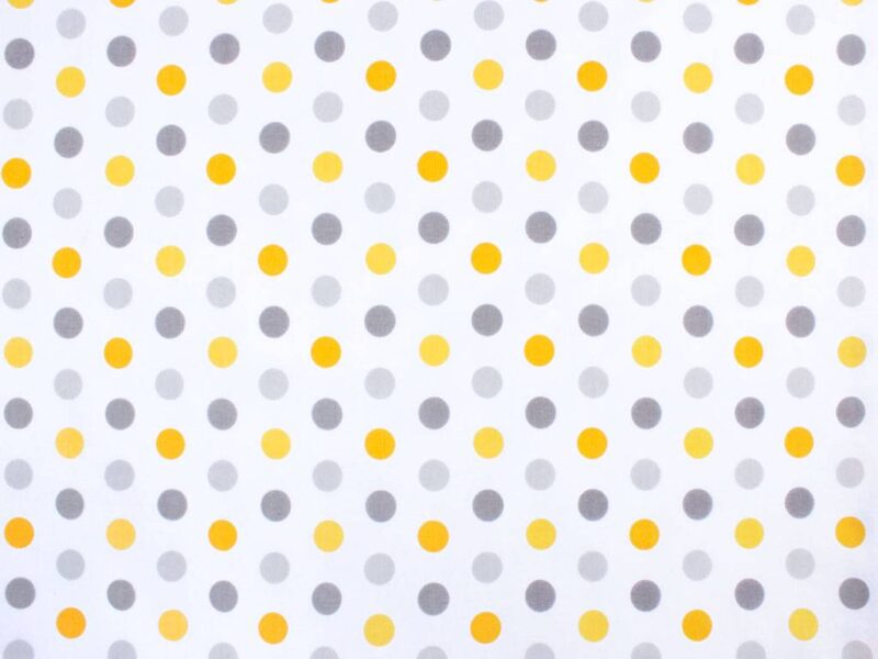 Cotton fabric yellow and grey polka dots on white by Stofex.