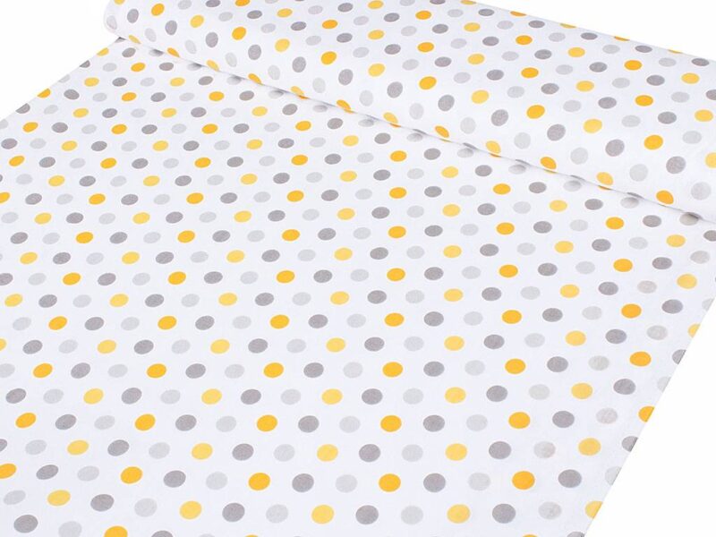 Cotton fabric yellow and grey polka dots on white by Stofex.Cotton fabric yellow and grey polka dots on white by Stofex.