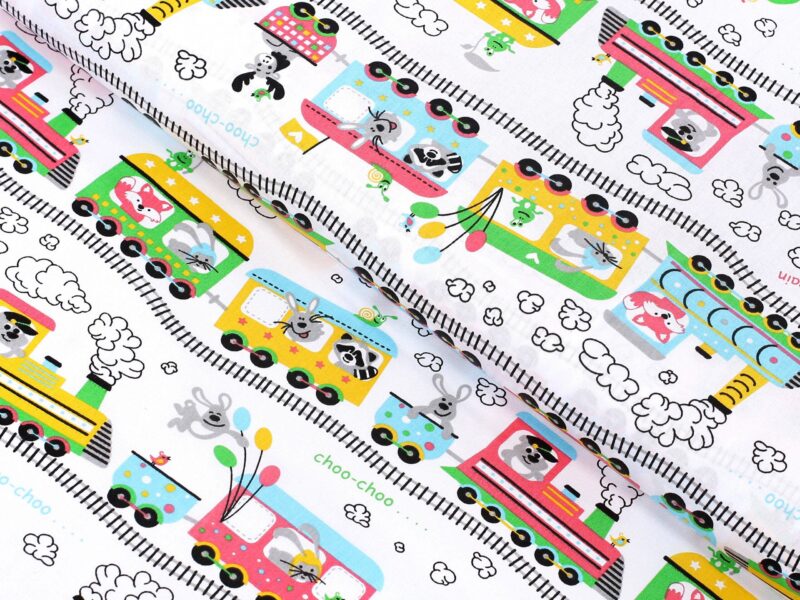 Cotton fabric trains on white by Stofex.