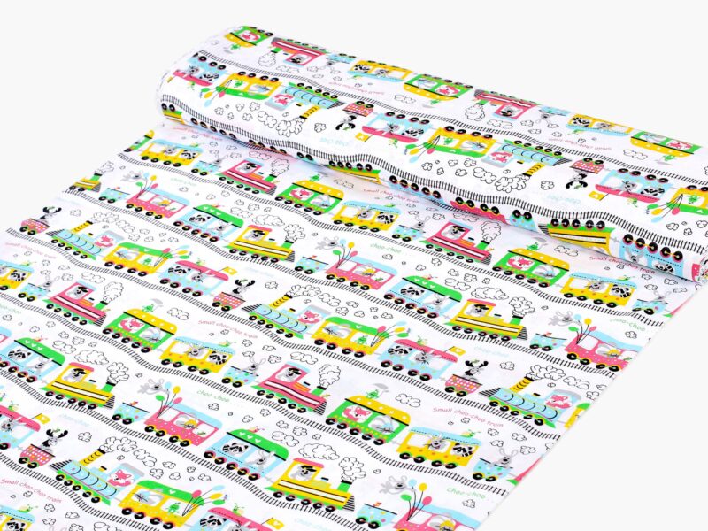 Cotton fabric trains on white by Stofex.