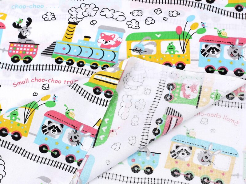 Cotton fabric trains on white by Stofex.