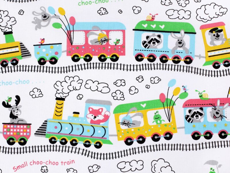 Cotton fabric trains on white by Stofex.