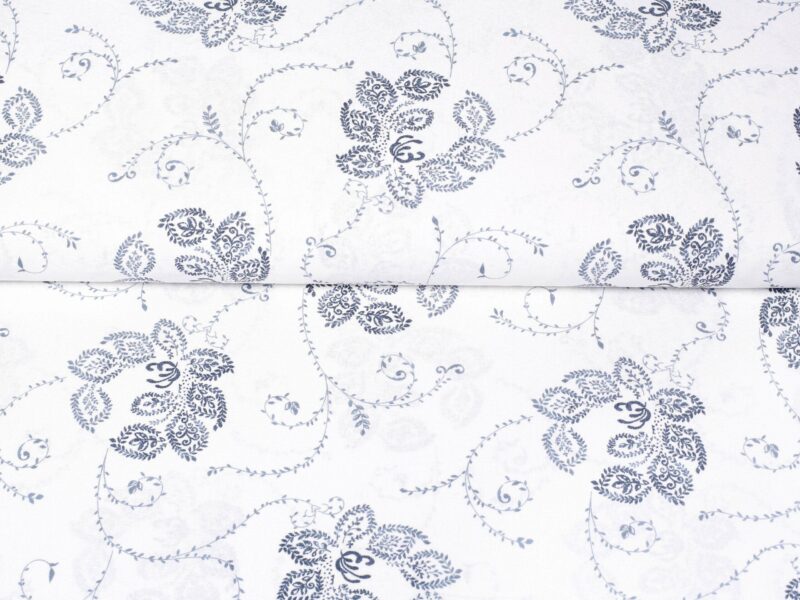 Cotton fabric blue ornaments on white by Stofex.