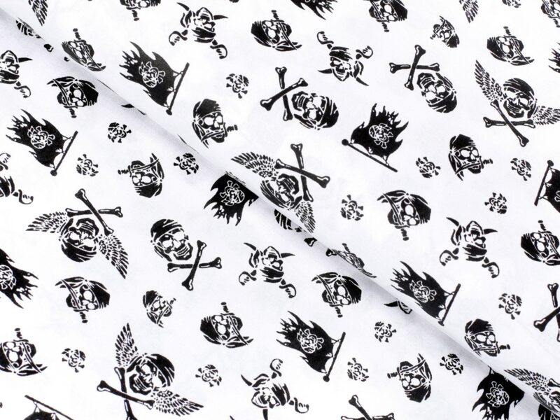 Cotton fabric black skulls on white by Stofex.