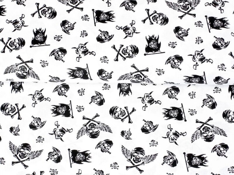 Cotton fabric black skulls on white by Stofex.