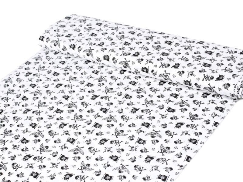 Cotton fabric black skulls on white by Stofex.