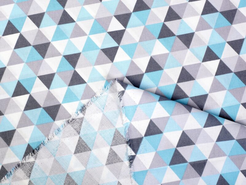 Cotton fabric turquoise and grey triangles by Stofex.