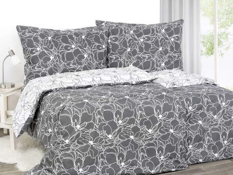 Satin bed linen grey/white flowers by Stofex.