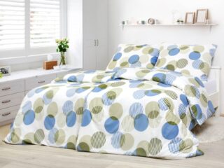 Satin bed linen with blue and green circles by Stofex.