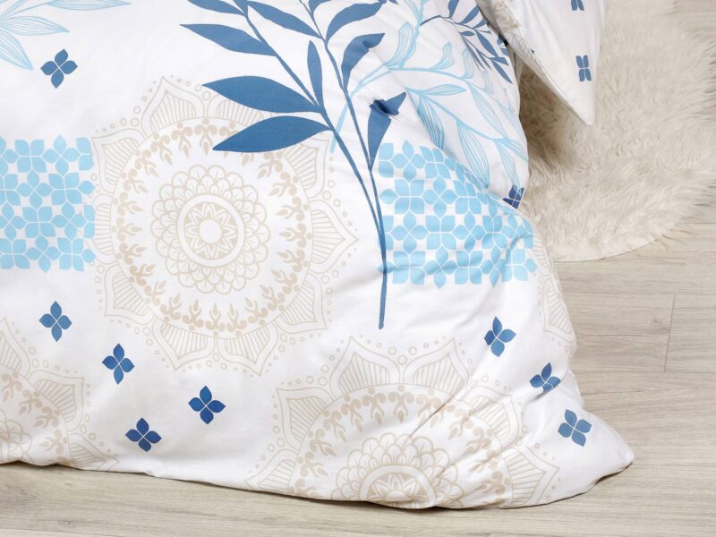 Satin bed linen with blue leaves and manadalas by Stofex.