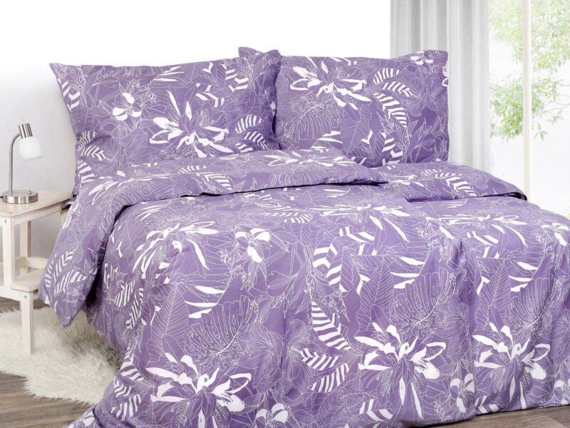 Satin bed linen with lilies on purple background by Stofex.