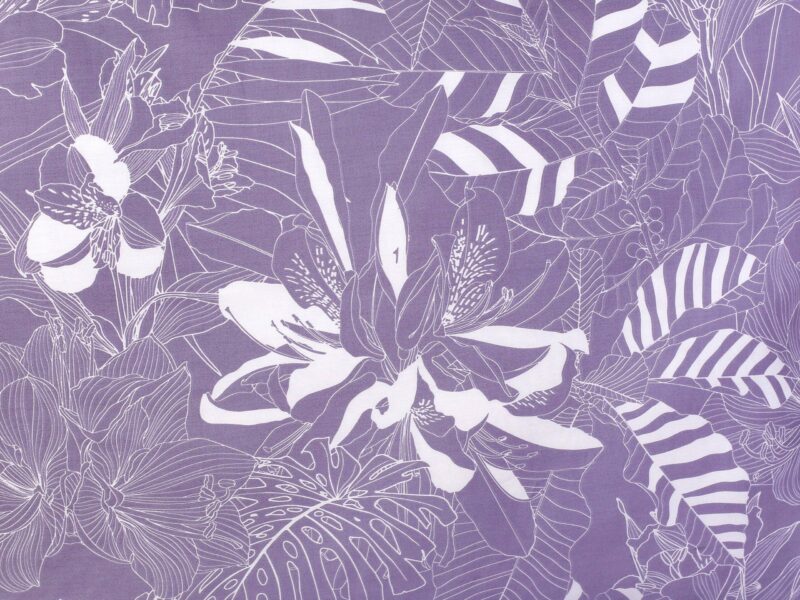 Satin bed linen with lilies on purple background by Stofex.