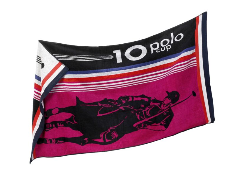 Large beach towel with pink polo by Stofex.