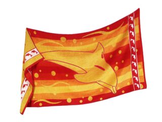 Large beach towel with orange dolphin by Stofex.