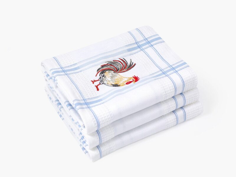 Waffle kitchen towel rooster on blue plaid 45x70 cm from 100% cotton.