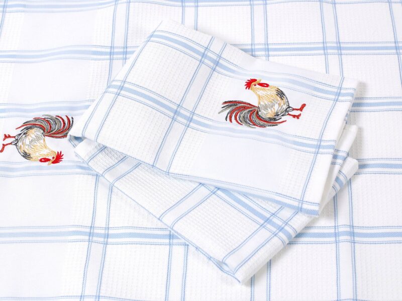 Waffle kitchen towel rooster on blue plaid 45x70 cm from 100% cotton.